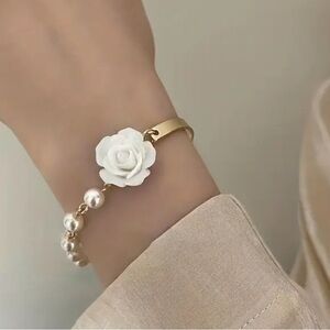 Pearls Gold Bangle Elegant White Flower Bracelet- NEW